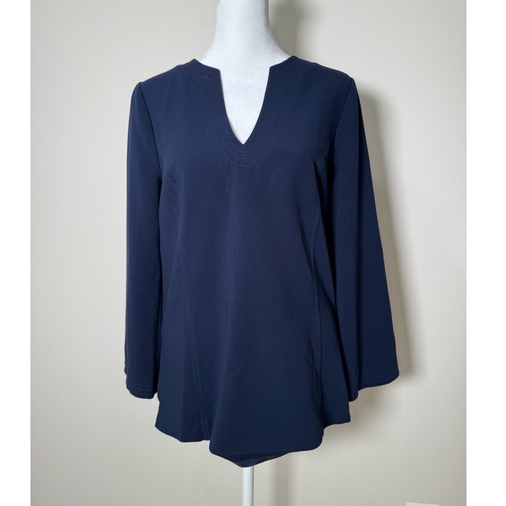 Trina Turk Navy Blue V Neck Long Sleeve Tunic Top Size 2